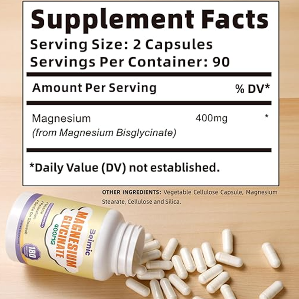 Beimic Magnesium Glycinate 400mg – Gentle on Stomach (180 Vegetarian Capsules)