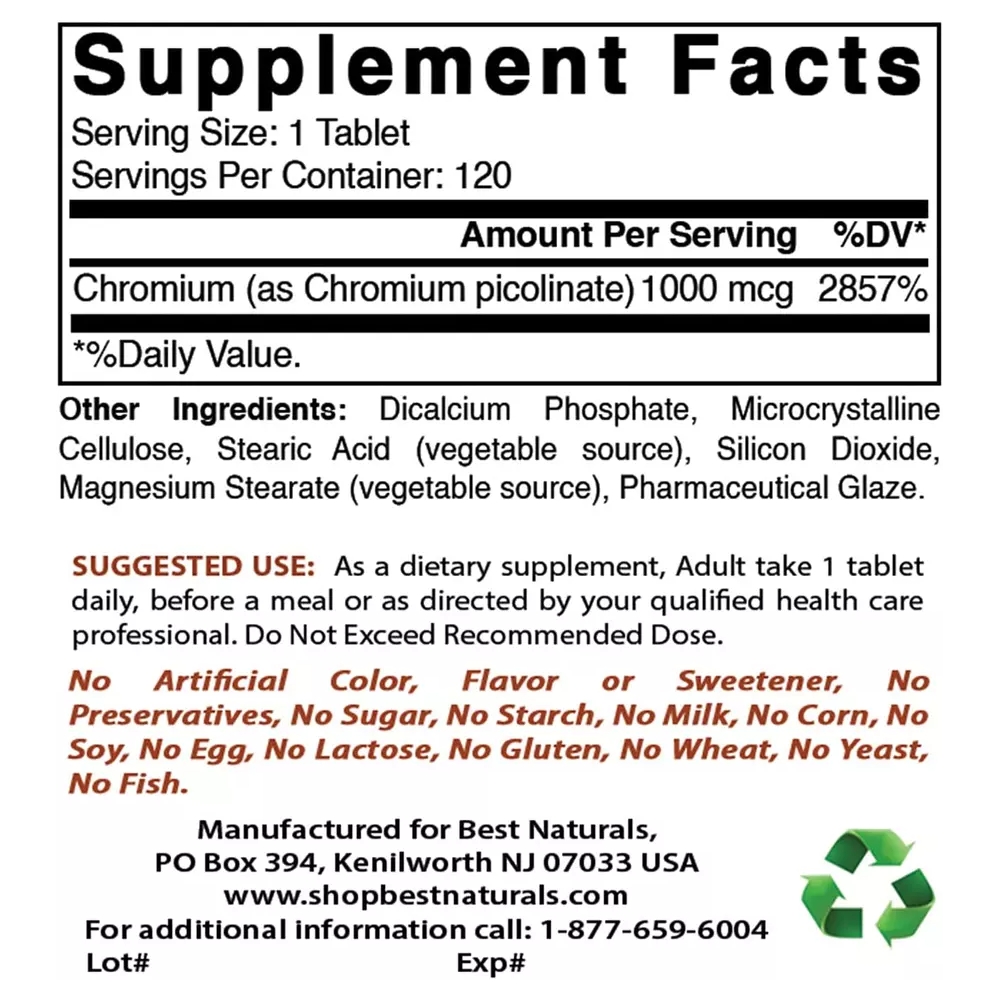 Best Naturals Chromium Picolinate – High Potency 1000 mcg Blood Sugar