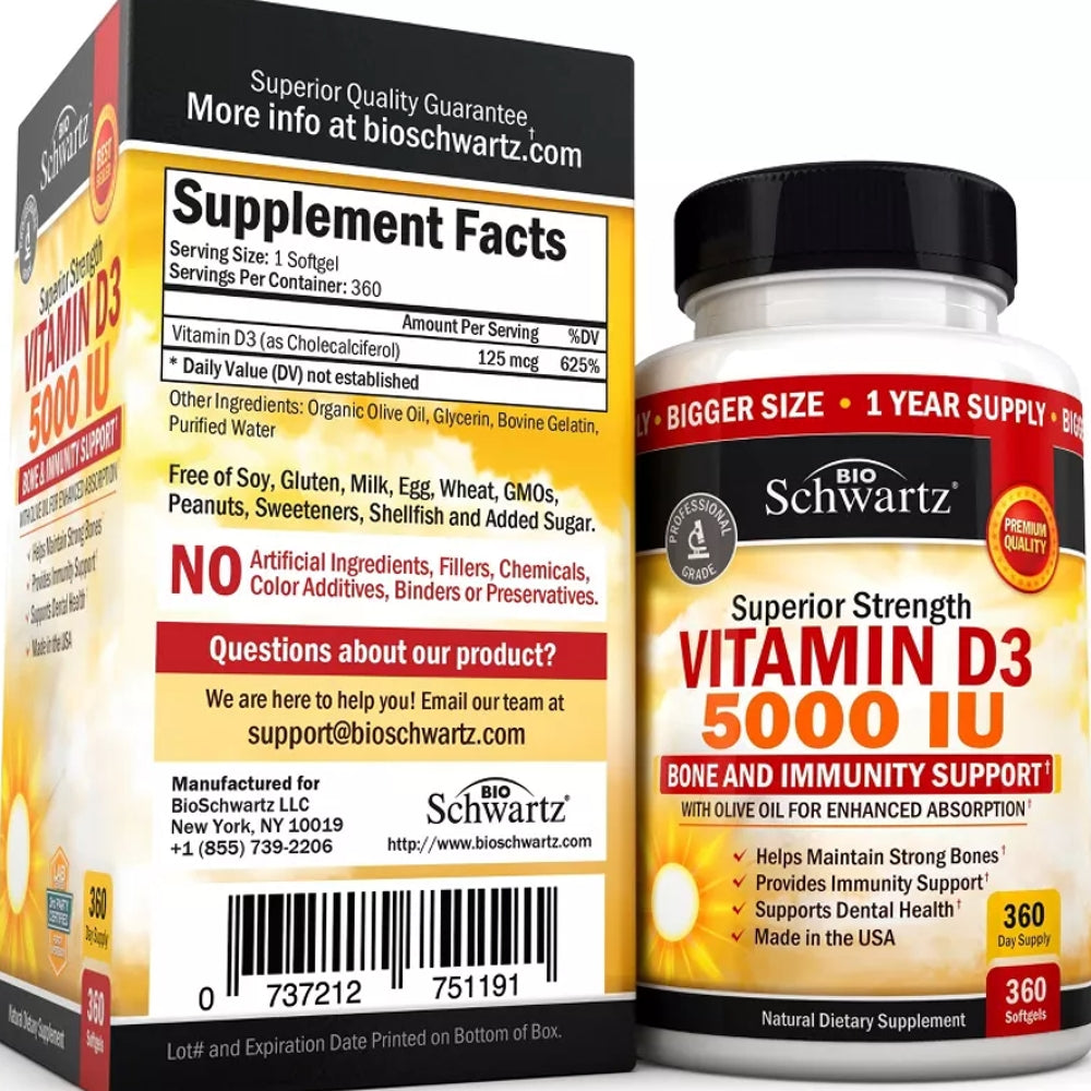 BioSchwartz Vitamin D3 5000 IU – Bone & Immune Support 360 Softgels