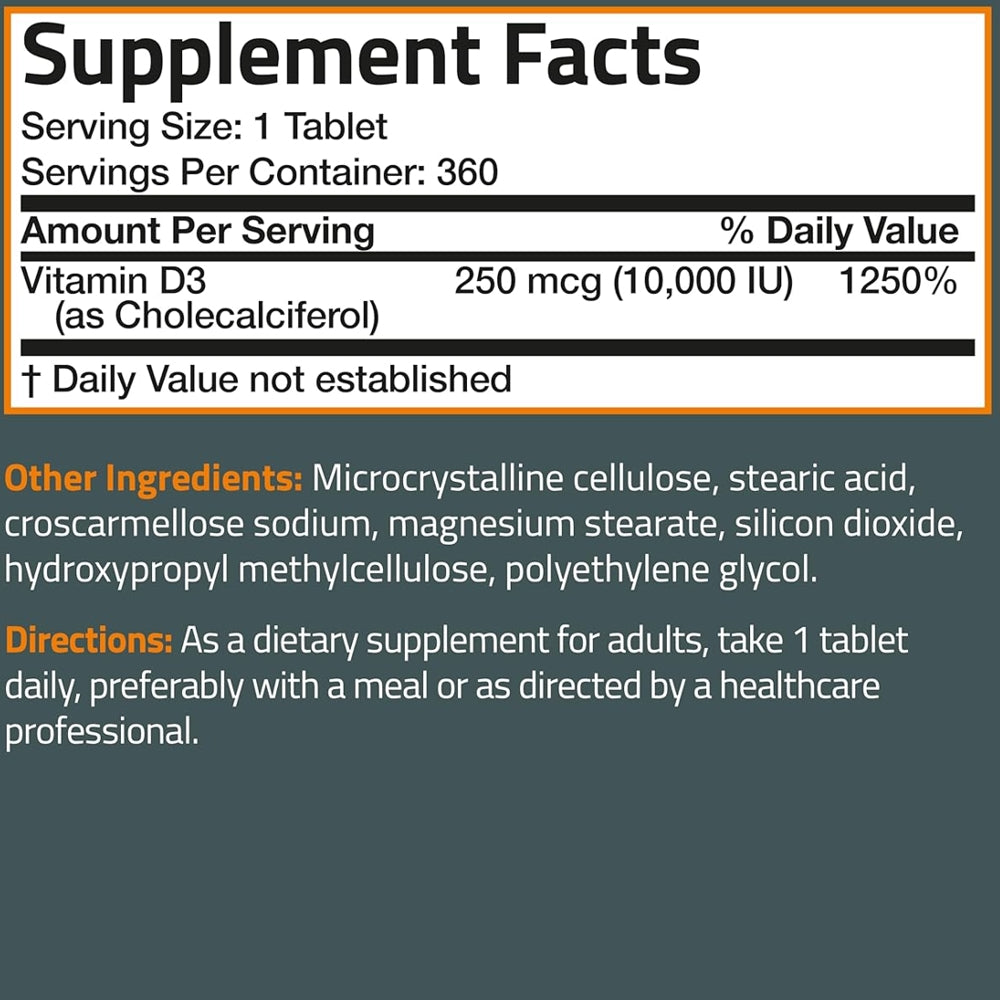 Bronson Basics™ Vitamin D3 10,000 IU (250 mcg) – 180 Tablets