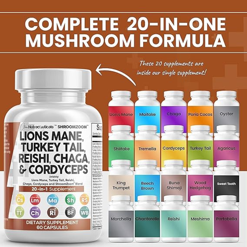 Clean Nutraceuticals Lion’s Mane, Turkey Tail, Reishi, Chaga & Cordyceps