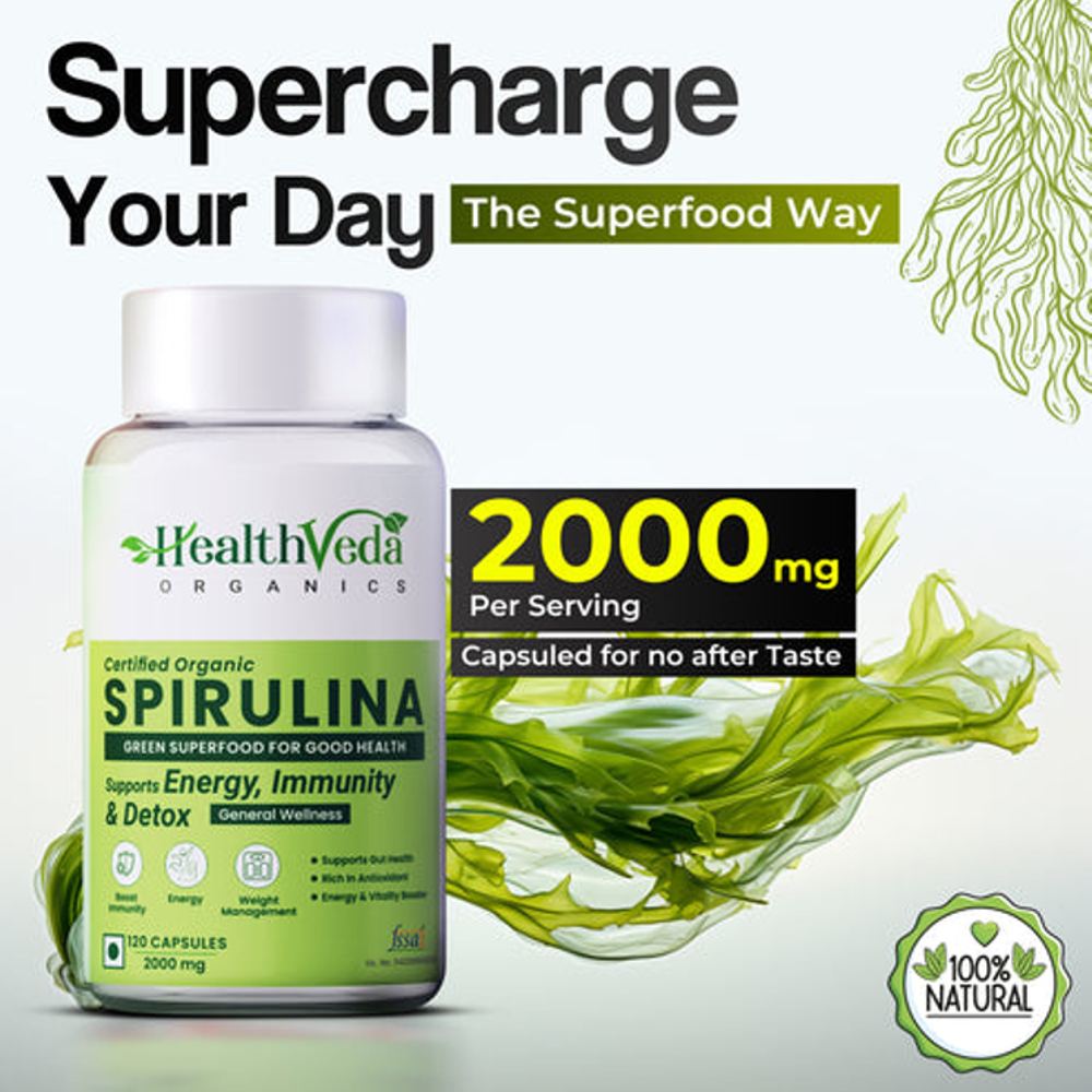 HealthVeda Organics Certified Organic Spirulina –120 Capsules