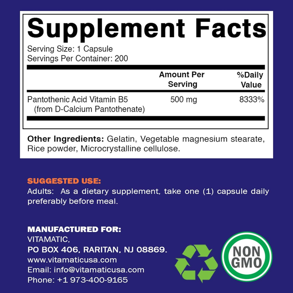 Vitamatic Pantothenic Acid (Vitamin B5) 500 Mg Capsules