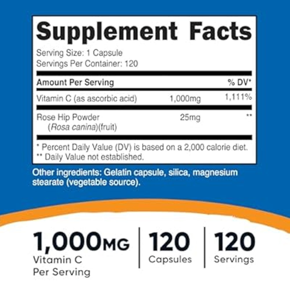 Nutricost Vitamin C 1000mg with Rose Hips – 120 Capsules