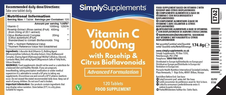 Simply Supplements Vitamin C 1000mg with Rosehip and Citrus Bioflavonoids – 120 Tablets
