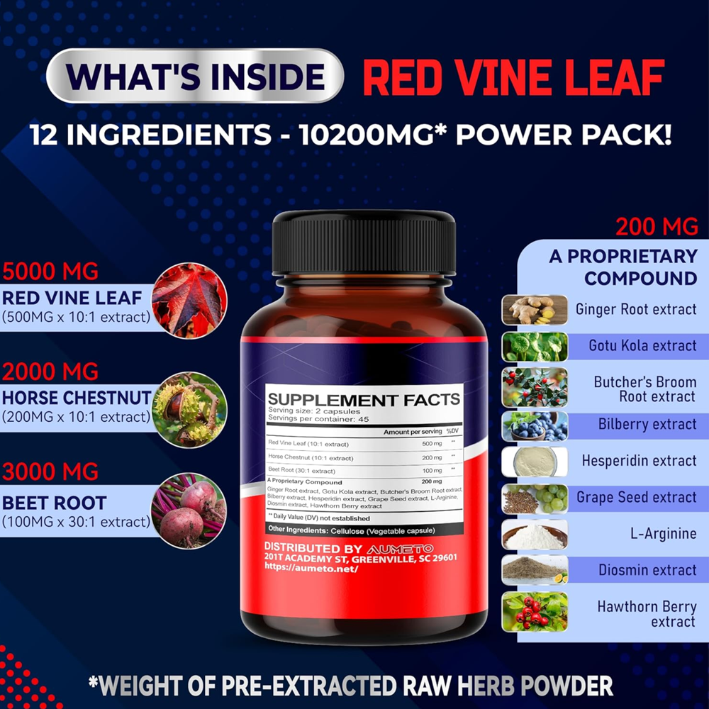 Aumeto Red Vine Leaf Supplement With Horse Chestnut Beetroot