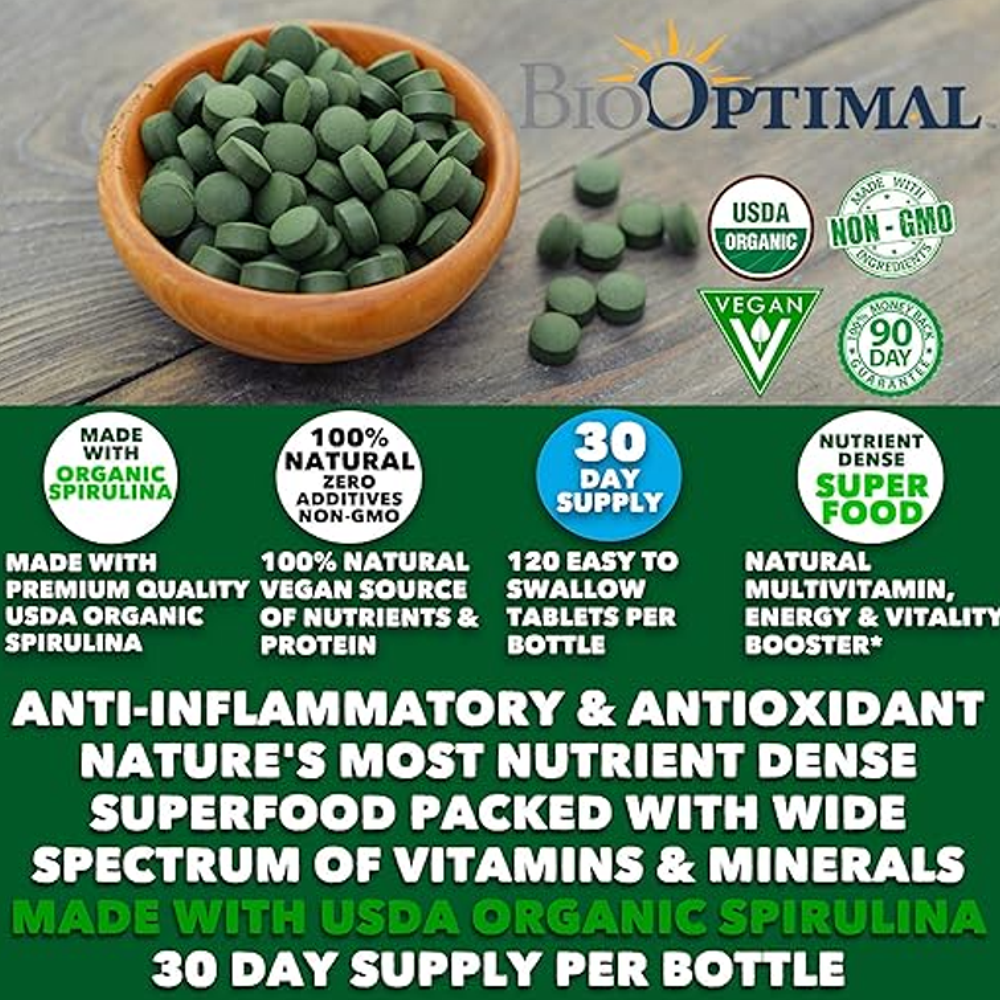 BioOptimal Organic Spirulina Tablets – USDA Organic 120 Tablets