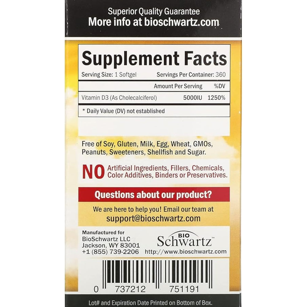 BioSchwartz Vitamin D3 5000 IU – Bone & Immune Support 360 Softgels