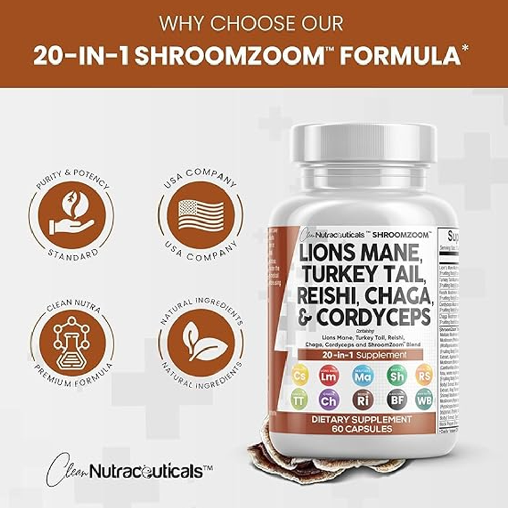 Clean Nutraceuticals Lion’s Mane, Turkey Tail, Reishi, Chaga & Cordyceps