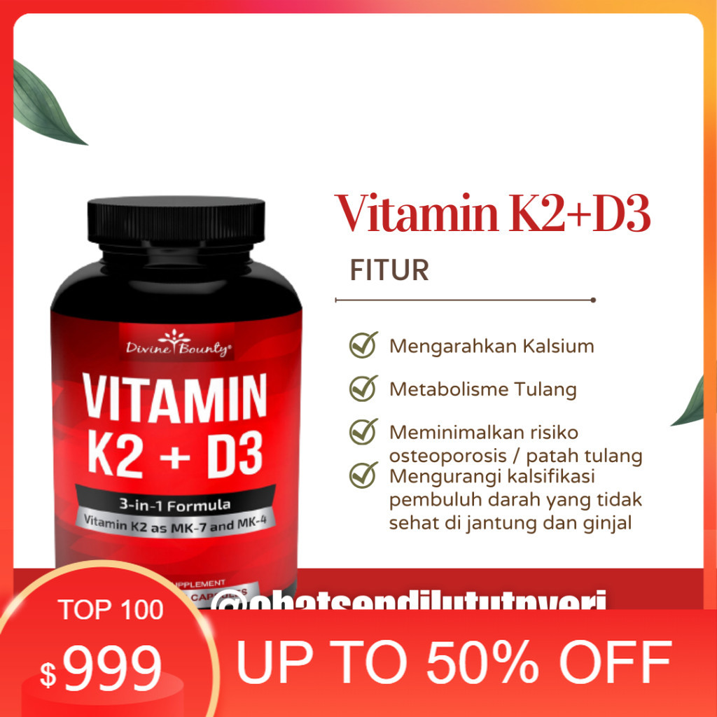 Divine Bounty Vitamin K2 Mk7 Mk4 - With D3 Supplement - 5000 IU Vitamin D3 3-in-1 Formula