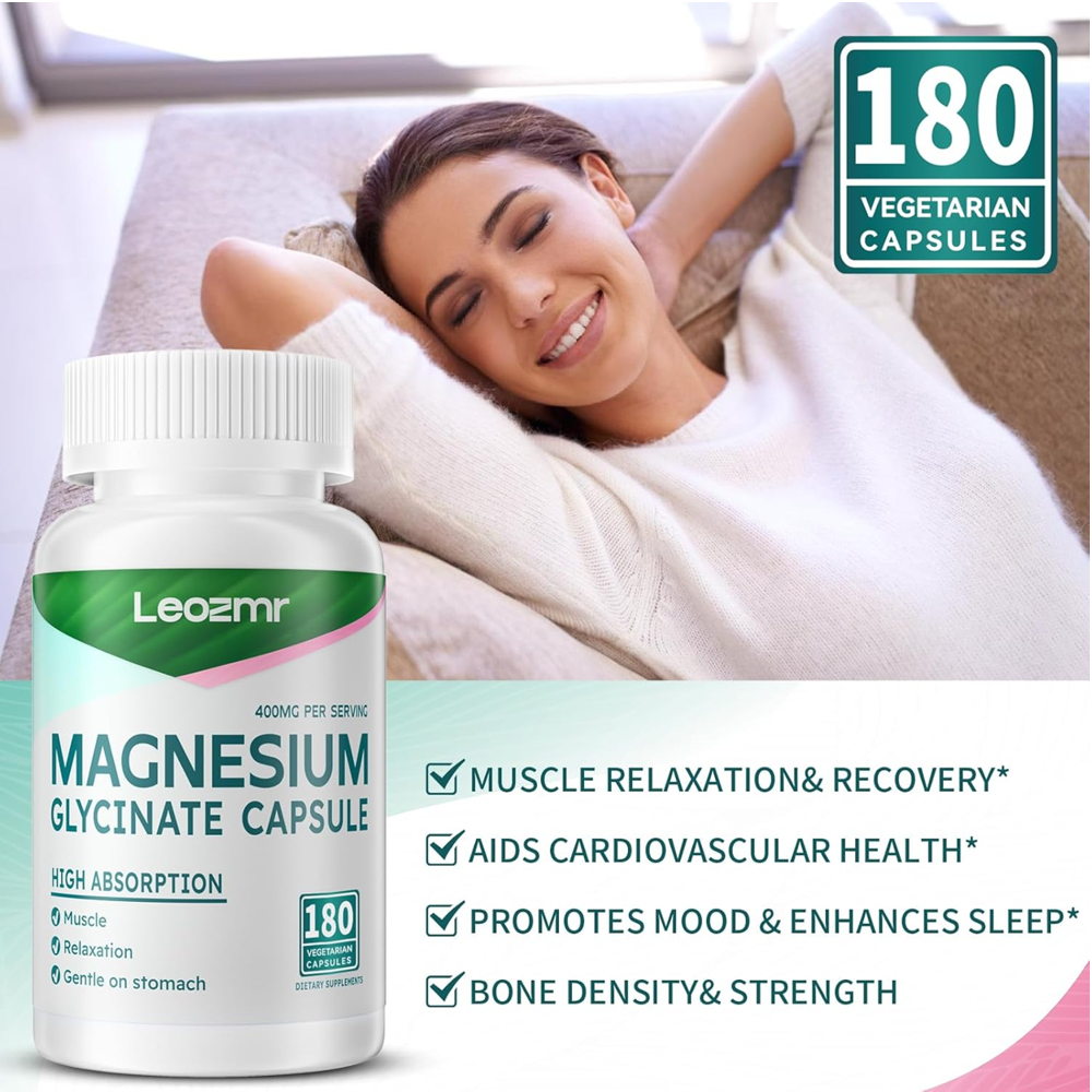 Leozmr Magnesium Glycinate 400mg – Muscle Relaxation (180 Vegetarian Capsules)