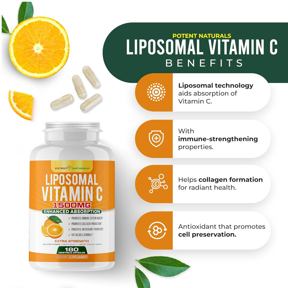 Liposomal Vitamin C 1500mg, Vitamin C Supplement - High Absorption Ascorbic Acid - Immune-Support Supplement & Helps Collagen Production- 180 Capsules