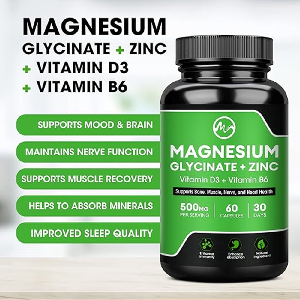 Magnesium Glycinate + Zinc with Vitamin D3 & B6 –( 60 Capsules)