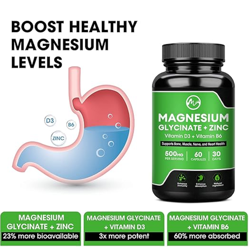 Magnesium Glycinate + Zinc with Vitamin D3 & B6 –( 60 Capsules)