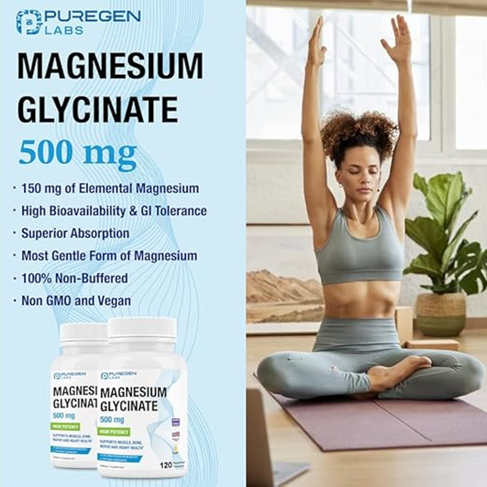 PureGen Magnesium Glycinate 500mg –Muscle, Bone & Heart Health(120 Capsules)