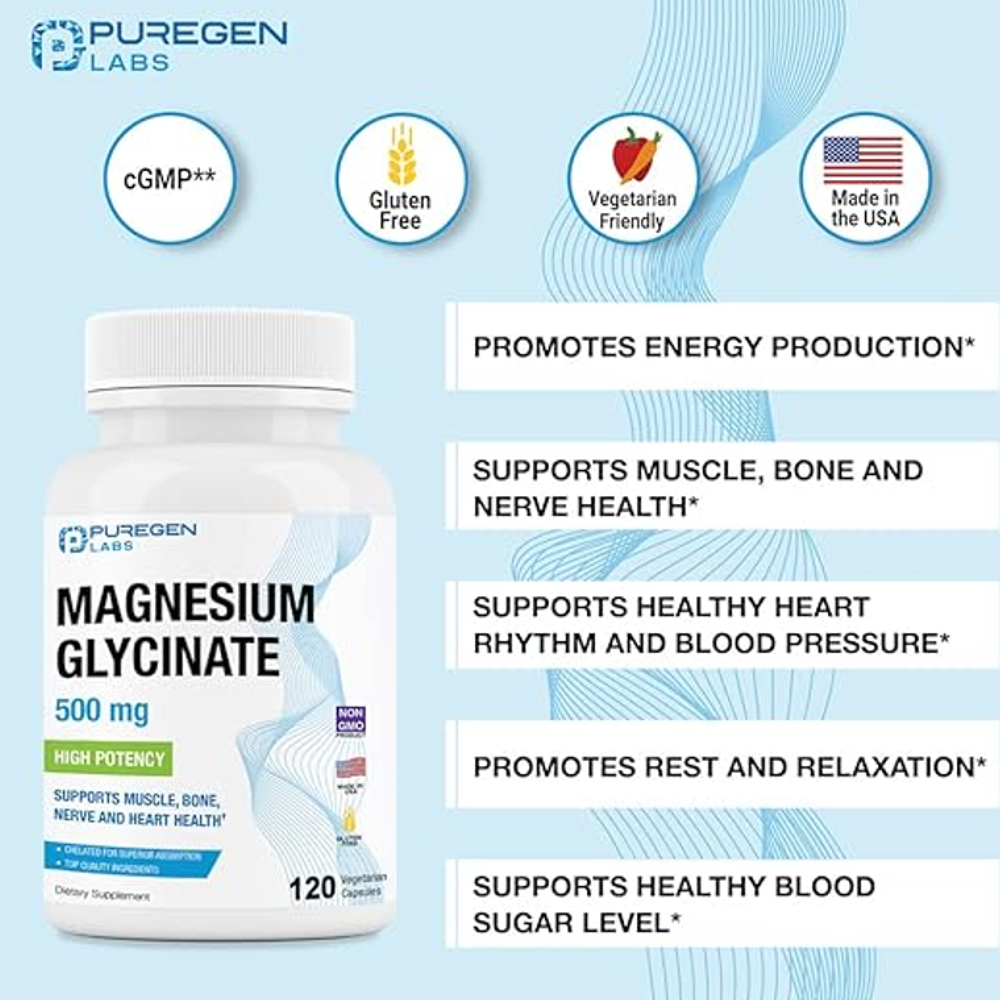 PureGen Magnesium Glycinate 500mg –Muscle, Bone & Heart Health(120 Capsules)