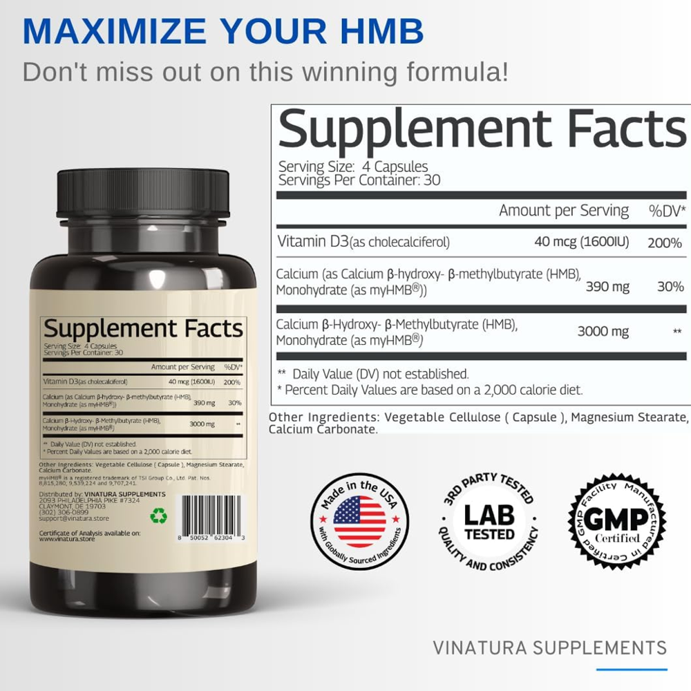 Vinatura Hmb 3000mg And Vitamin D3 Supplement 120Capsules